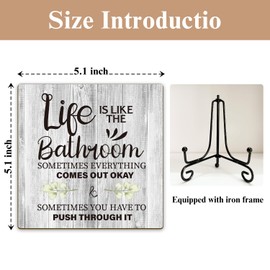 Bathroom Sign Wood Decor Plaque - Life is Like The Bathroom, Birthday Gift for Women Friends Sister Bestie, Bathroom Decor Home Office Table Decor Wood Desk Sign with Stand /30