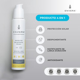 Bloqueador Solar Facial Despigmentante FPS 50+ | 4 en 1: Protección + Despigmentante + Antioxidante + Matificante | Protector Solar Facial Ligero sin Acabado Blancuzo | ENVERA