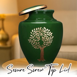 ALPHA Living HOME Decorative Cremation Urn for Human Ashes - Large Size Memorials Metal Urns for Human Ashes, Tree of Life Decorative Burial Urn for Adult Men and Women (Green & Gold)