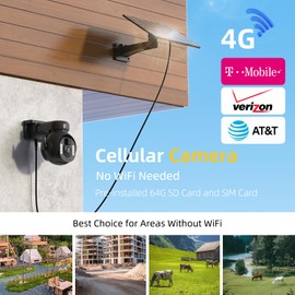 Solar Camera Outdoor Wireless - 4G LTE Cellular Cameras for Home Security 4K, No Wifi Solar Powered Camera 355° Live View Color Night Vision PIR Motion Sensor 2 Way Talk Preinstalled 64G SD & SIM Card
