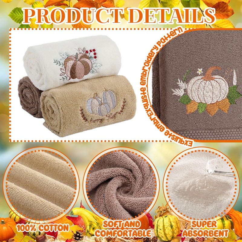 FuWeave 3Pcs Thanksgiving Hand Towels Fall Pumpkin Brown Hand Towels