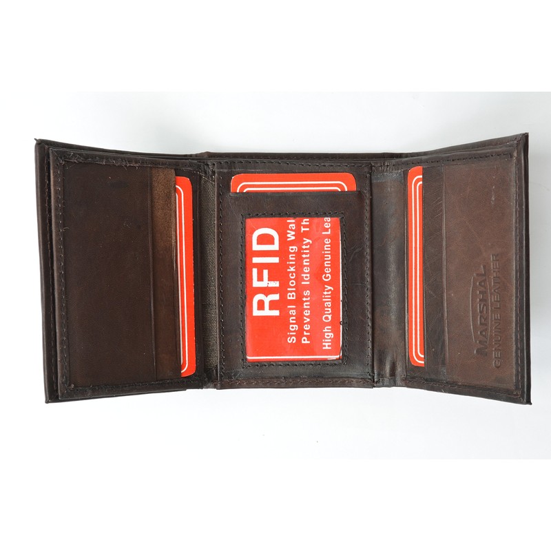 Mens Trifold Leather Wallet RFID Blocking Brown Marshal New