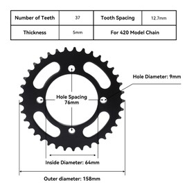 Buachois 4 Hole 37 Teeth Bike Sprocket 76 mm Hole Spacing 420 Rear Wheel Bike Tooth Chain Sprocket Steel Chain Wheel for Karts, Dirt Bike, Mini Motorcycle, ATV, Pit Bike