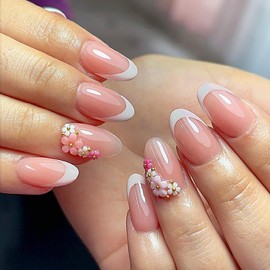 Medium French Tip Press on Nails Almond Shaped Fake Nails Acrylic Glossy False Nails with Beads White Pink Flower Charm Glue on Nails Design Artificial Full Cover Stick on Nails for Women Girls 24 Pcs