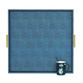 HofferRuffer Elegant Decorative Serving Tray, 20"x20" Square Faux Leather Ottoman Tray with Gold Hardware Handles, Coffee Table Serve Tea, Coffee or Breakfast (Navy Blue)