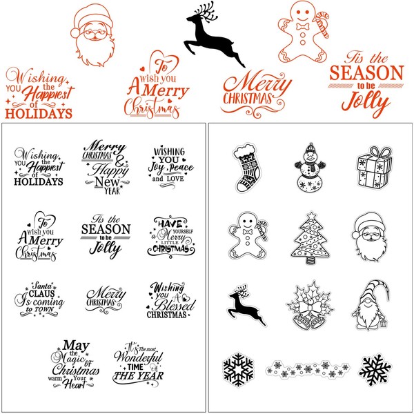 Merry Christmas Theme Clear Stamps New Year Clear Craft Stamps Blessing Words Clear Stamps Christmas Pattern Santa Claus Card Stamps for Card Making Scrapbooking, 23 Designs in 2 Sheets