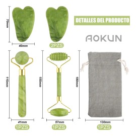 AOKUN Kit 5pzs Rodillo De Masaje De Jade Gua Sha Facial Cuello