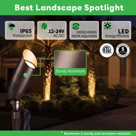 Varmtalys Low Voltage Spotlight, 3CCT 3000K/4000K/5000K Adjustable, Outdoor 12V LED Landscape Lighting, Waterproof IP65 ORB Aluminum Spot Light for House Tree Garden Yard Uplighting