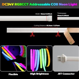 Addressable RGBCCT FCOB LED Strip Light, RGBWW 24V WS2811 Pixel 4200LEDs Flexible Cuttable Outdoor 16.4Ft 5m Long Color Changing LED Strip, Neon White Silicone Tube Lighting with Adhesive Back