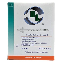 Caja De 100 Jeringas Para Insulina 0.3 Ml Con Aguja 32 G X 6 Mm Unibody