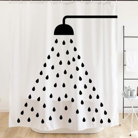 Ofat Home Cute Raindrop Shower Head Shower Curtain, 72X72 Extra Long Shower Curtain, Black White Fabric Shower Curtains for Bathroom Sets with Hooks