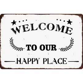 Welcome to Our Happy Place Metal Sign Rustic Home Wall Decor for Bedroom Bathroom Art Plaque Outdoor Garden Decoration Funny Porch Signs 8x12 Inch