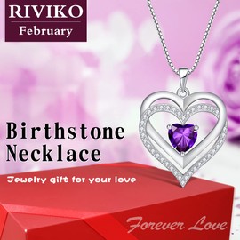 RIVIKO Heart February Birthstone Necklaces Gifts for Women, 925 Sterling Silver Love Heart Pendant Necklace Mothers Day Valentines Christmas Birthday Jewelry Gifts for Her Mom Wife Girlfriend