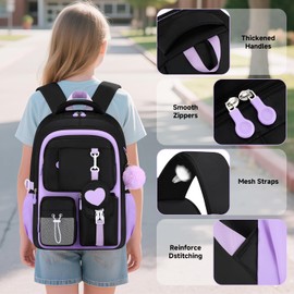 Amythe School Bag Girls Set of 4 School Backpack Teenager 3rd - 7th Grade School Bag Kawaii with Lunch Bag Pencil Case Gymnasium, 23L Black Purple