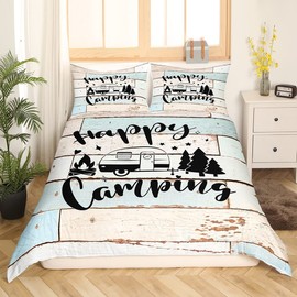 Camper RV Duvet Cover Set Queen Size,Camping Travel Trailer Decor Bedding Set 3pcs for Kids Boys Girls Adults,Vintage Wooden Plank Cottage Comforter Cover,Rustic Farmhouse Quilt Cover,2 Pillowcases