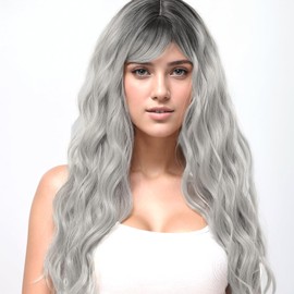 BUYOGET Long Curly Wavy Ombre Silver Wig with Fringe Adjustable 24 Inch Synthetic Cosplay Daily Hair Wigs for Women