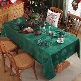 Christmas Tablecloth Elegant Jingle Bells Holly Berry Jacquard Spill Proof Wrinkle Free Damask Table Cloth, Fabric Card Table Cover for Xmas, Holiday, Winter, Party, Square 52 x 52 Inch, Green