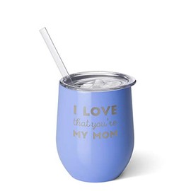 Swig Life Stainless Steel Insulated 12oz Stemless Wine Cup with Slider Lid and Straw - I Love That You're My Mom (Hydrangea)