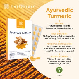 healthspan Healthspan Ayurvedic Turmeric | 60 Tablets | 95% high curcuminoid Content | Added Vitamin C | Supports Joint and Immune Health | Vegan Friendly