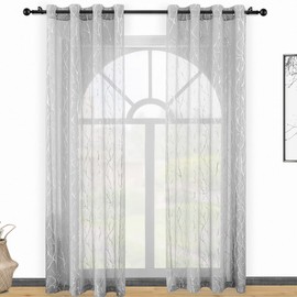 Kotile Voile Net Curtains 90 Drop - Grey Sheer Curtains Eyelet Top Printed with Silver Foil Branch Tree Pattern Window Curtain Panel for Bedroom, 66 x 90 Drop, 1 Pair (2 PCs)