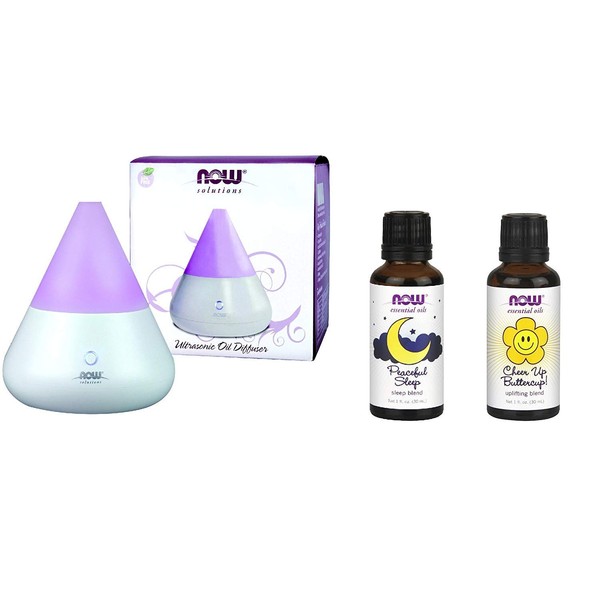 Now Foods Ultrasonic Oil Diffuser + 2 Popular Blend Oils (Peaceful Sleep and Cheer Up Buttercup)