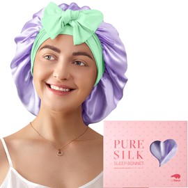 LitBear 100% Mulberry Silk Bonnet for Sleeping Women, 22 Momme Large Double-Layer Grade-6A Hair Bonnet for Sleeping Curly Long Hair, Hair Cap with Tie Band on Head for Hair Care, Purple