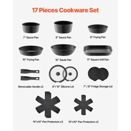 VEVOR 17 Piece Pots and Pans Set, Granite Nonstick Detachable Handle Cookware, Space Saving Induction Cookwares, Kitchen RV Cooking Sets with Frying, Sauce, Saute, Tempered Glass Lid, Oven Safe, Black