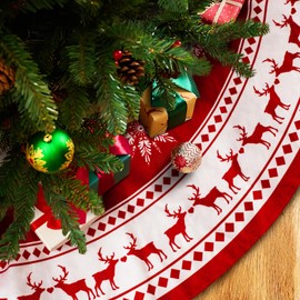 Eslygoily Christmas Tree Skirt 36 inch Red Large Round Fashion Tree Skirt Christmas Decorations with White Snowflake Reindeer for Xmas Ornaments for Winter New Year
