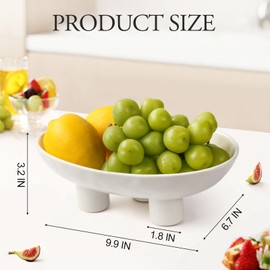 OdoVow Ceramic Fruit Bowl, Fruit Bowl for Kitchen Counter, Three-Legs Decorative Bowl for Table Décor, 10 inch Oval Footed Decorative Bowls, Fruit Storage Holder, Key Bowl for Home Decor (White)