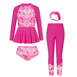 Girls Swimsuit Size 7-8 Long Sleeve Mermaid Rash Guard Bathing Suit 4 Piece Swimwear Size 5-12