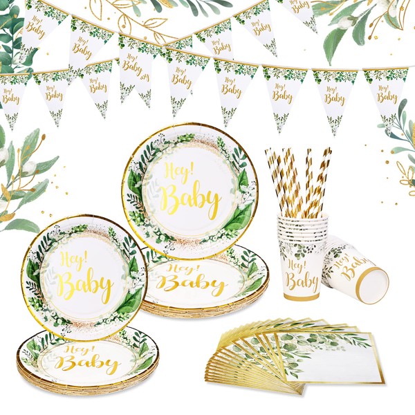 DAOUZL Baby Party Tableware, 81 Piece Baby Shower Decoration, Birthday Tableware, Disposable Plate Sage Green Kit with Plate Cup Towel Straw Banner 16 Guests