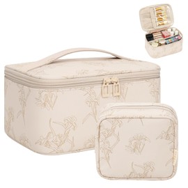 OCHEAL Makeup Bag, Large Makeup Organizer Case & Small Makeup Bag for Purse Mini Cosmetics Bag Cute Floral Cosmetic Pouch for Women with Slip-in Pockets,Travel Toiletry Make Up Bag-Beige Lily