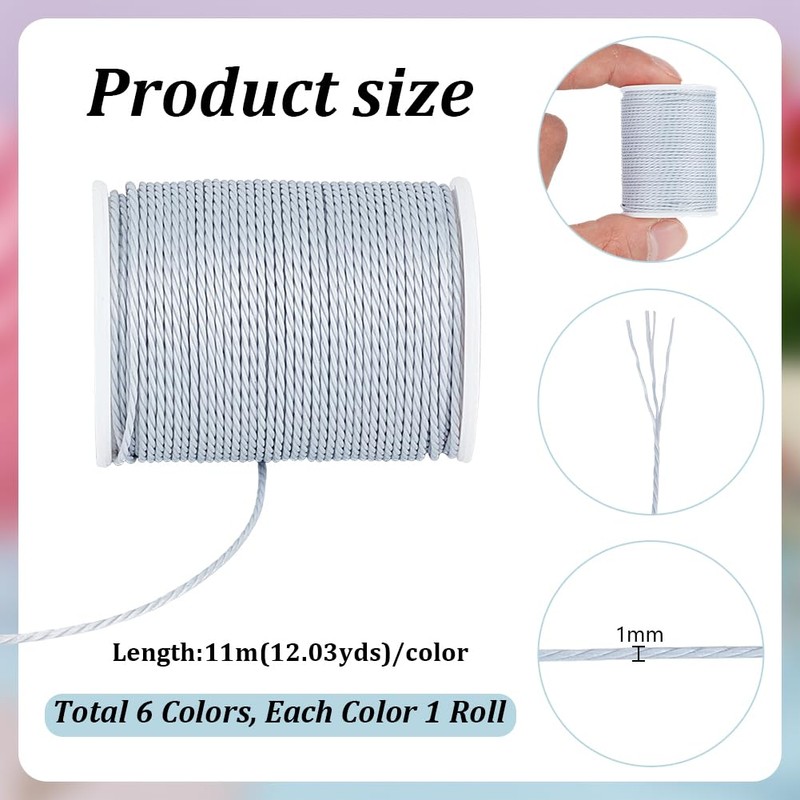 PH PandaHall 72 Yards Waxed Cords, 6 Colours 1mm Wax