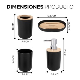 FSY FASILYT Set 4 Accesorios de Baño | Juego Organizador Bambú Elegante | Kit Práctico | Dispensador de Jabón | Jabonera | Vaso Multiusos | Porta Cepillos Dentales| (Negro)