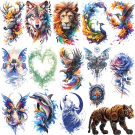 Aresvns 15 Sheets Fashionable Colorful Waterproof Animal Temporary Tattoo for Adults kids,Long-Lasting,with Wolf,Peacock,Deer,Butterfly,Tiger,Lion,Dolphins,Eagle