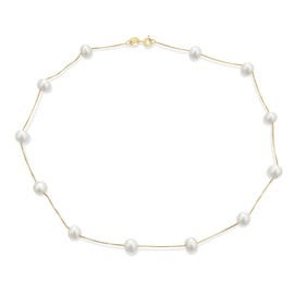 Bridal Tin Cup White Freshwater Cultured 7MM Pearl Chain Station Pearls Necklace For Women Wedding Yellow Gold Plated .925 Sterling Silver 16 Inch