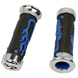 MotorToGo 7/8" Blue 3D Flame Rubber Handlebar Hand Grips with 3D Skull End Caps for Honda Grom 125