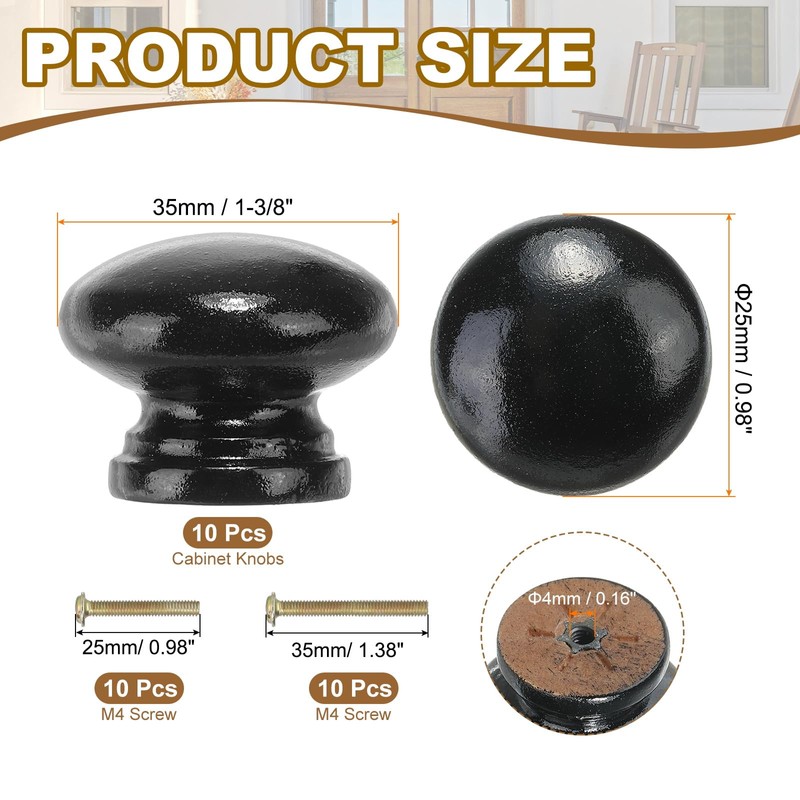 PATIKIL 1-3/8 Inch Round Black Wood Drawer Knobs, 10 Pcs