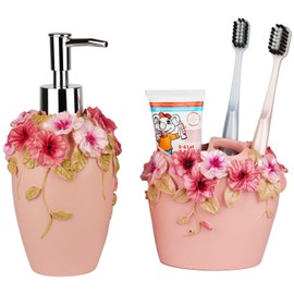 Vintage Bathroom Accessories Set with Flower Decor - Resin -Lotion Hand Soap Dispenser and Toothbrush Holder, 2pcs Pink Bathroom Accessory Set