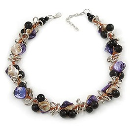 Avalaya Black Ceramic Bead & Purple/Natural Shell Composite Silver Tone Link Necklace - 43cm L/ 5cm Ext