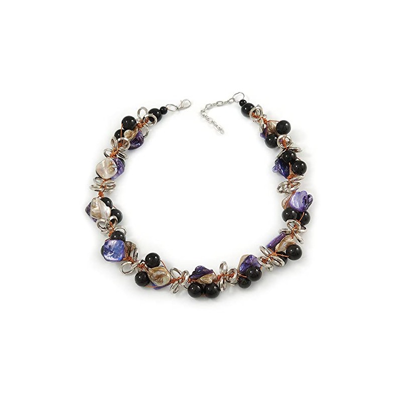 Avalaya Black Ceramic Bead & Purple/Natural Shell Composite Silver Tone