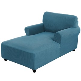 Chaise Cover, Chaise Lounge Couch Covers, Fitted Sofa Slipcover for Chaise with Double Arm, Stretch Chaise Chair Slip Cover, Chaise Cushion Protector Washable Furniture Protector(Blue,Small Checks)