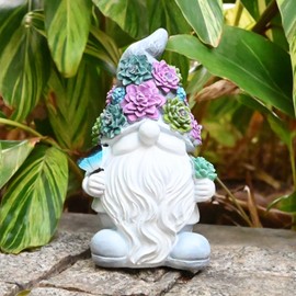 Juliahestia Solar Gnome Light up Figurine: Concrete Statue with Succulent & Butterfly Garden Decor Outdoor Decorations Yard Ornament - Mother’s Day Father’s Day Birthday Gift for Mom Dad Women