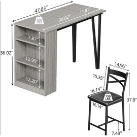 GAOMON 3 Piece Bar Table Set for 2, Bar Table and Chairs Set with with Flip Top Extension, Dining Table Set with Storage Shelves, Suitable for Small Space Kitchen Apartment, Grey