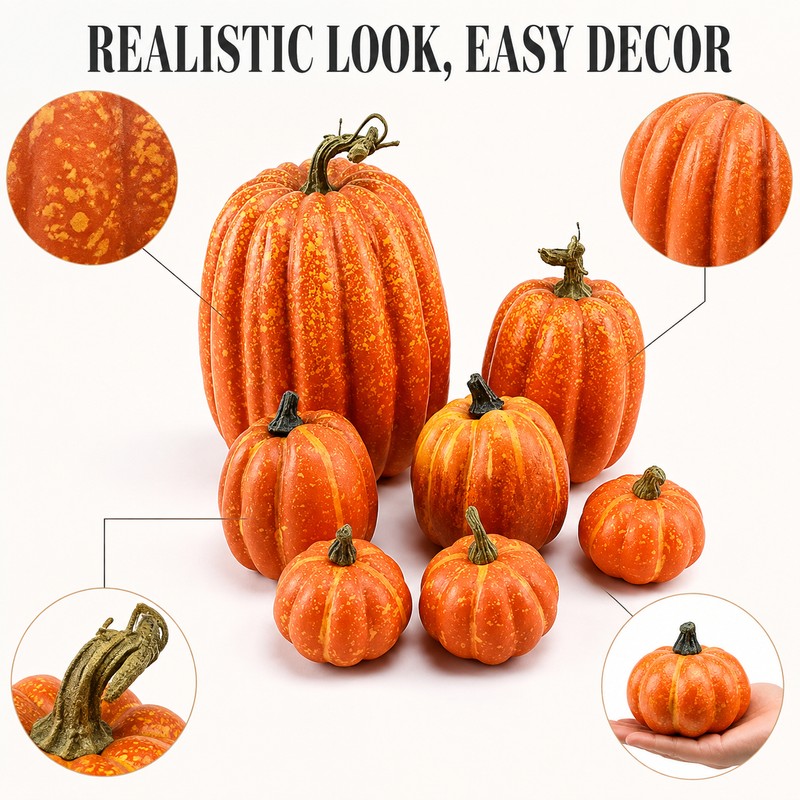 7pcs Artificial Pumpkin Decor for Autumn - Orange Foam Pumpkin