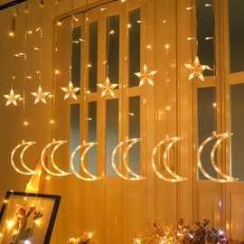 LED Ramadan Star Moon Light,Curtain String Light,115 LED Hanging Window Lights, USB Powered,8 Lighting Modes,Memory,6 Hours Timer,Decoration for Home Living Room Bedroom Balcony Christmas Wedding