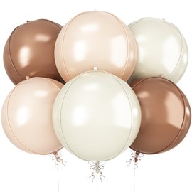 6Pcs Nude Cream Beige Round Foil Balloons, 22inch 4D Apricot Brown Tan Large Mylar Ball Balloons, for Boho Birthday Wedding Baby Shower Party Backdrop Decorations