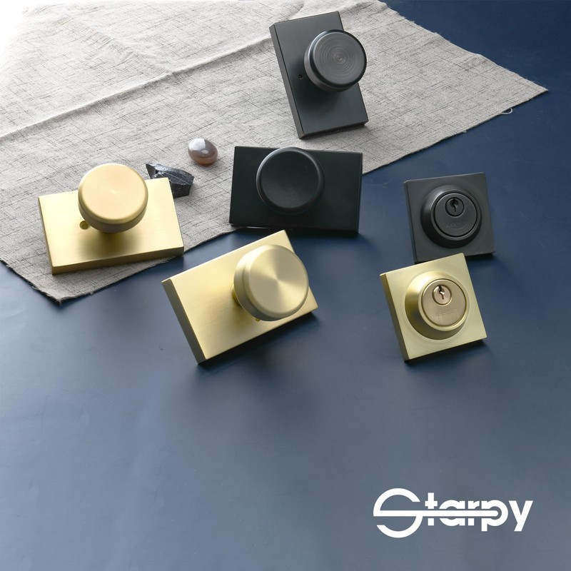 STARPY Gold Door Knobs Interior with Lock, Satin Brass Exterior
