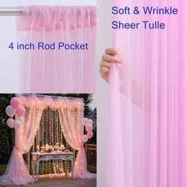 Realparkly Pink Tulle Backdrop Curtains with Lights, Elegant Sheer Photo Backdrop Drapes, Soft Fabric & LED Curtain for Wedding Brithday Parties Photoshoot Background Decor, 10ftx8ft