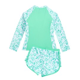 JiAmy Girl Swimsuits with Shorts, Two Piece Girls Swimming Costume,Long Sleeve Kids Swimwear Zip Rash Guard Bathing Suit 8-9 Years Light Green